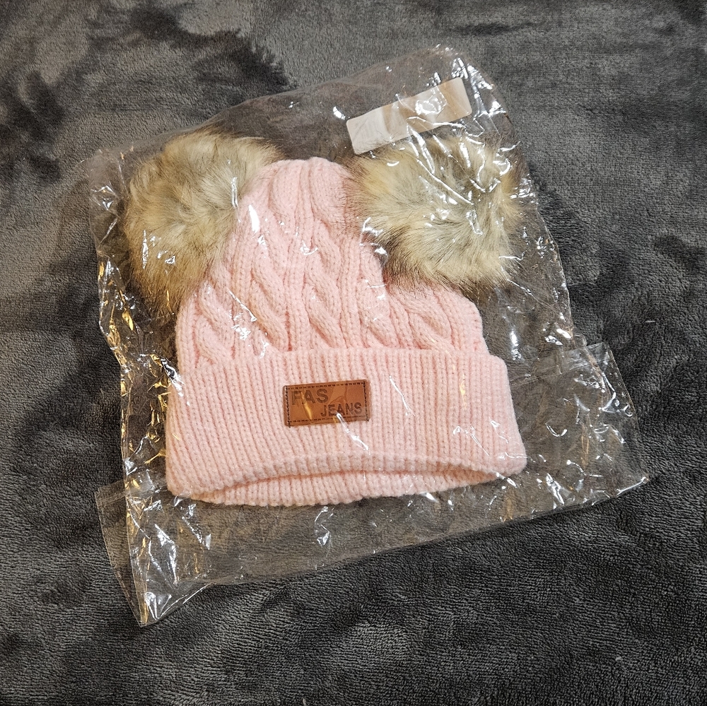 FAS Jeans Childs Beanie with Faux Fur Ear Poms in Light Pink